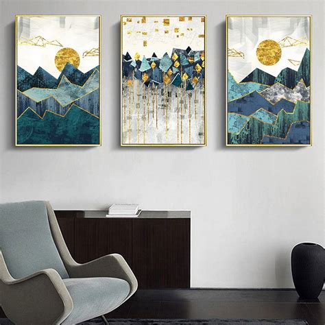 Nordic Abstract Golden Sun Wall Art Canvas Painting Geometric Mountain