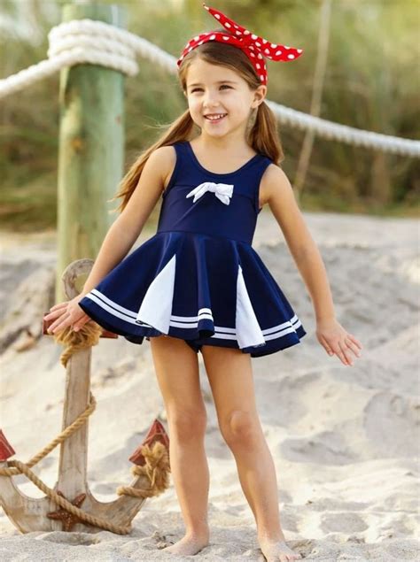 girls navy and white nautical skirted two piece swimsuit with bow in 2020 two piece swimsuits