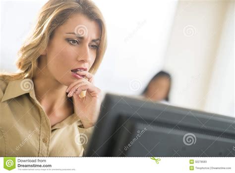 Nervous Businesswoman Looking At Computer Stock Image Image Of Closeup Formal 32278583