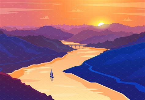 Sunset Landscape Vector Illustrator Graphics Creative Market