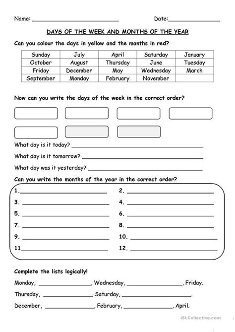 Days And Months English Lessons For Kids Elementary Worksheets