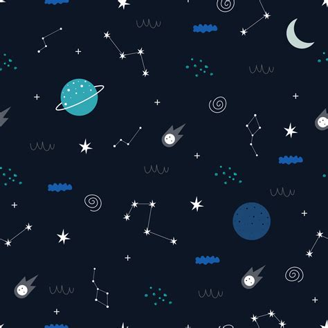 Seamless Pattern Space And Stars Background Hand Drawn Design In
