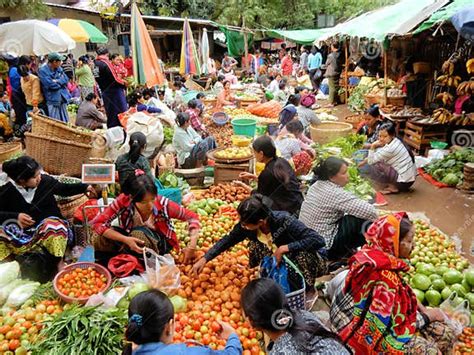 Myanmar Colorful Food Market With Fruits Vegetables And Local
