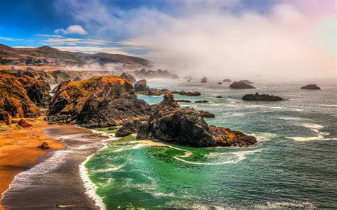 Nature Landscape Beach Sea Rocks Coast Mist Hills California