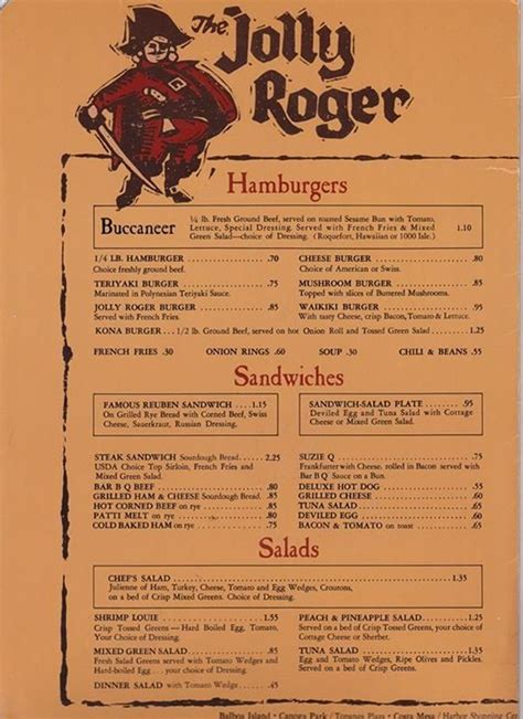 Jolly Rogers Menu Topanga Plaza 1966 Vintage Menu Menu