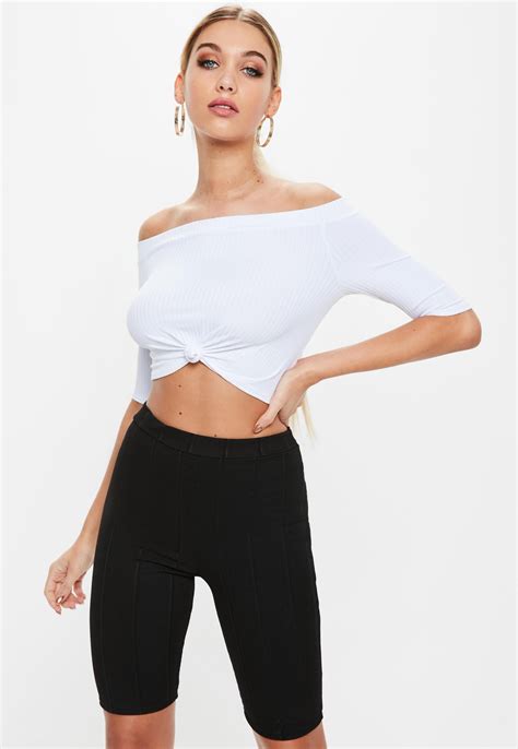 White Bardot Knot Ribbed Crop Top Tops Fashion Womens Tops