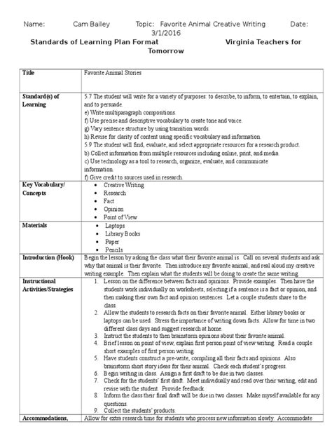 Creative Writing Lesson Plan Lesson Plan Cognitive Science
