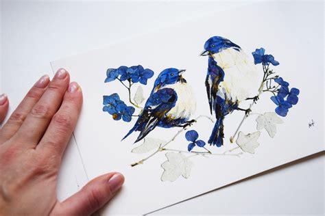Pressed Flower Birds Print Bluebirds Picture Dried Flowers Etsy