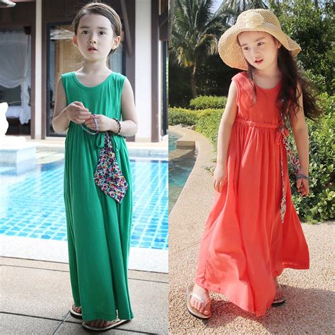 Kids Girls Long Dresses Summer 2018 Teenage Girls Sleeveless Beach Dress For Kids With Sashes