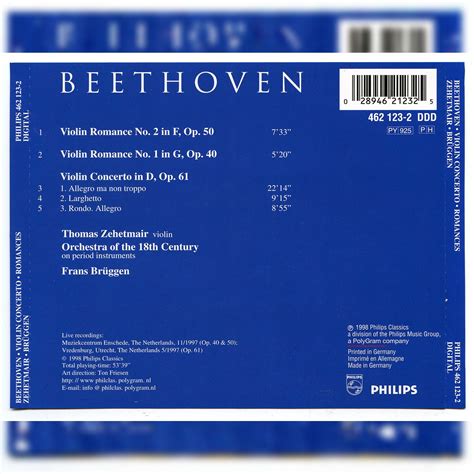beethoven violin concerto and romances thomas zehetmair frans brüggen orchestra of the 18th