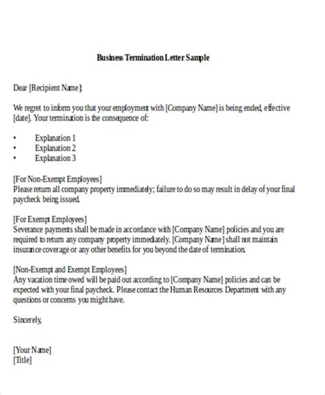 sample termination  business letters  word