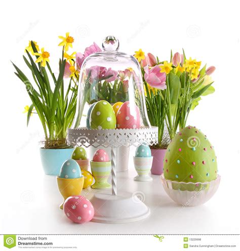 Easter Eggs On Cake Stand With Spring Flowers Royalty Free