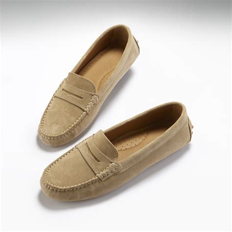 Womens Penny Driving Loafers Taupe Suede Hugs And Co
