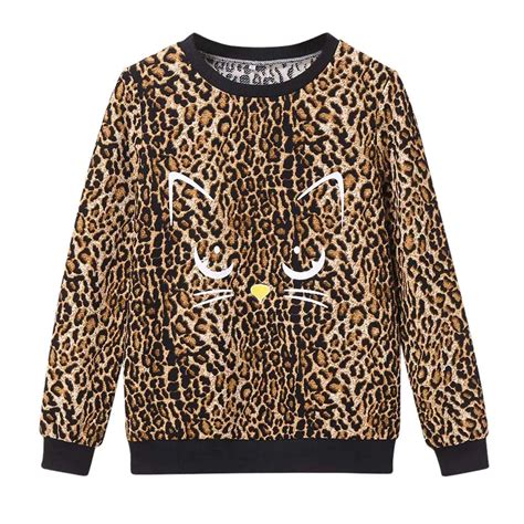 Cat Printed Leopard Sweatshirts Women Round Neck Long Sleeve Pullover