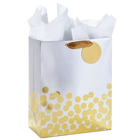 Hallmark 13 Large T Bag With Tissue Paper Gold Foil Dots On Silver