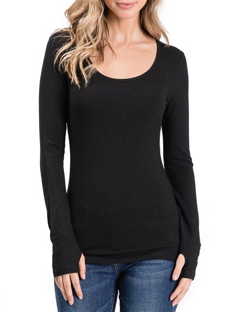 Doublju Womens Round Neck Long Sleeve Ribbed Top With Thumb Holes