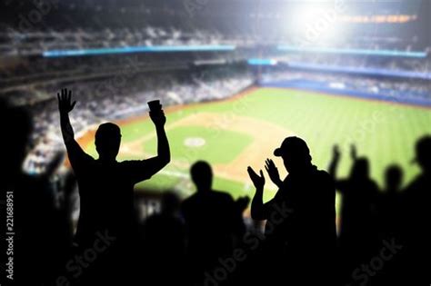 Stock Image Baseball Fans And Crowd Cheering In Stadium And Watching