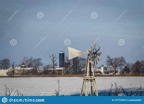 Snowy Winter Dairy Farm Scene With Windmill Bond County Illinois