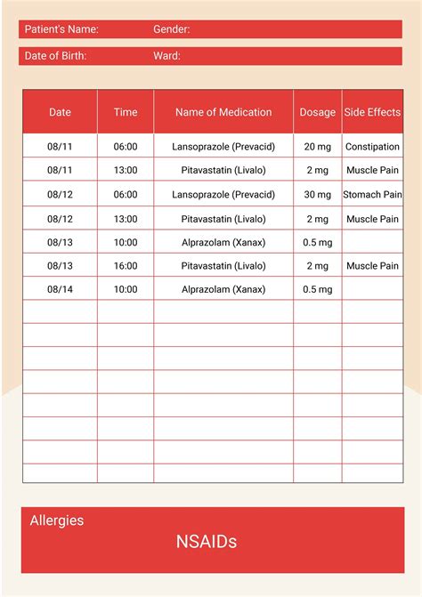 Patient Medication Chart In Illustrator Pdf Download