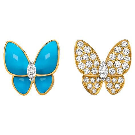 Van Cleef And Arpels Two Butterfly Turquoise And Diamond Gold Earrings