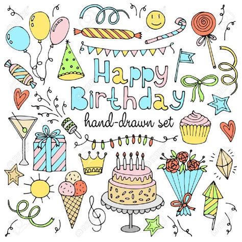Happy Birthday Hand Drawn Set With Cake Balloons Gifts And Confetti On White Background