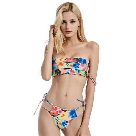 Buy Knot Bandage Bikini Set Print Strapless Bikini Brazilian Push Up Bathing