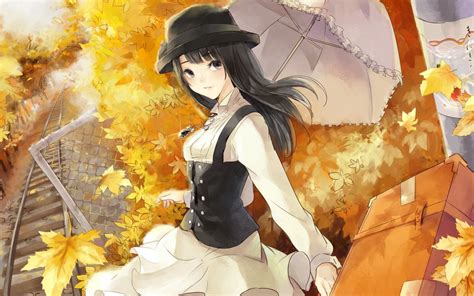 Art Girl Look Mood Umbrella Autumn Anime Hd Desktop Wallpaper
