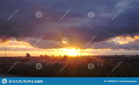 Sunset Over City Close Up On Modern Downtown Novosibirsk Skyline