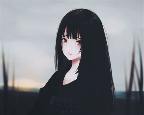 Wallpaper Anime Girl Black Hair Sad Expression Semi