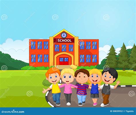 Happy School Children Cartoon In Front Of School Vector Illustration