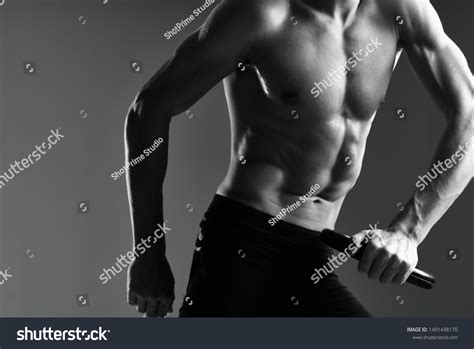 Athletic Male Muscular Torso Dumbbell Hands Stock Photo 1401438170
