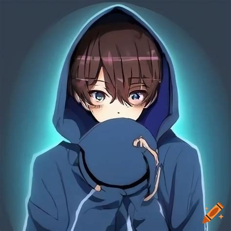 Digital Art Of A Shy Anime Boy Wearing Blue Hoodie And Circle Mask