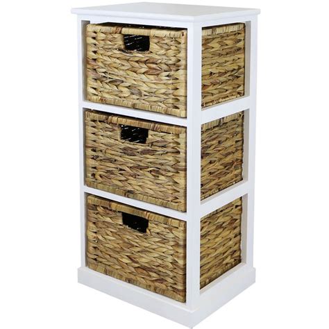 Hartleys White 3 Basket Chest Home Storage Unit Wicker Drawerscabinet