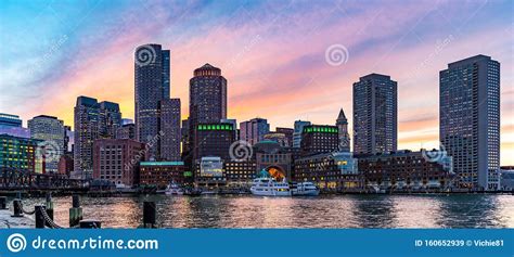 Boston Downtont Night Panorama Stockbild Bild Von Panoramisch