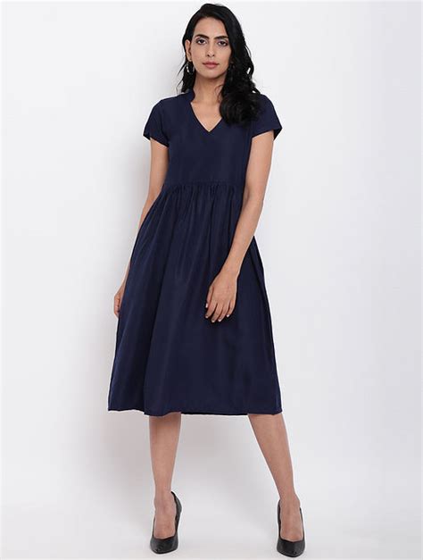 Buy Blue Cotton Linen Dress With Side Pockets Online At