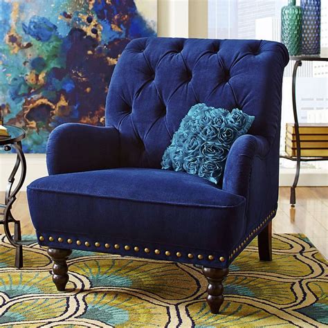Blue Velvet Tufted Arm Chair Navy Royal Accent Steampunk Victorian