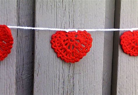 Crocheted Garland With Red Hearts For Valentines Day And Wedding