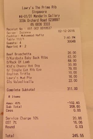 dinner bill for 4pax - Picture of Lawry's The Prime Rib, Singapore