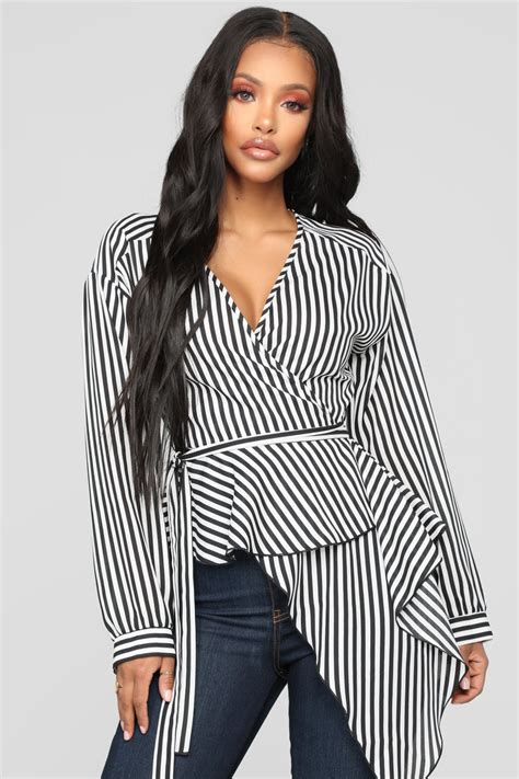 Asymmetrical Stripe Blouse Blackwhite Fashion Nova Shirts And Blouses Fashion Nova