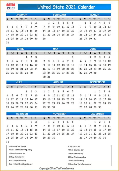 Us Calendar 2021 With Us Public Holidays