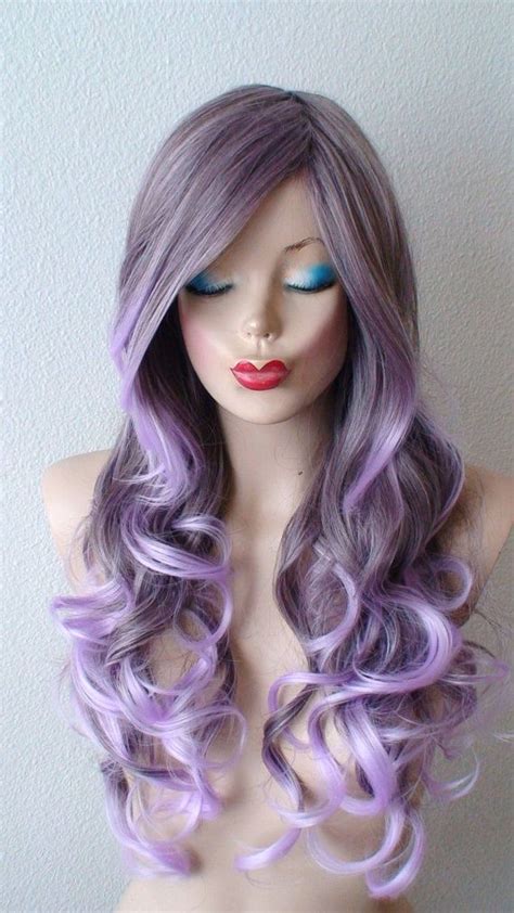 Pastel Lavender Ombre 26 Curly Hair Side Bangs Wig Heat Etsy Long