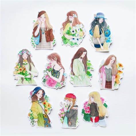 Girls Illustration Sticker Pack Flower Girl Stickers Series C Floral