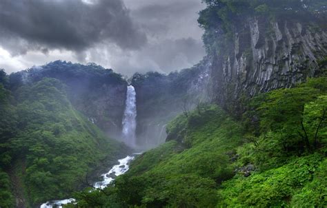 Waterfall Rock Jungle Sky Clouds Hd Wallpaper