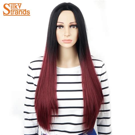 Silky Strands Ombre Synthetic Wigs For Women Heat Resistant Black Red Burgundy Long Straight Wig