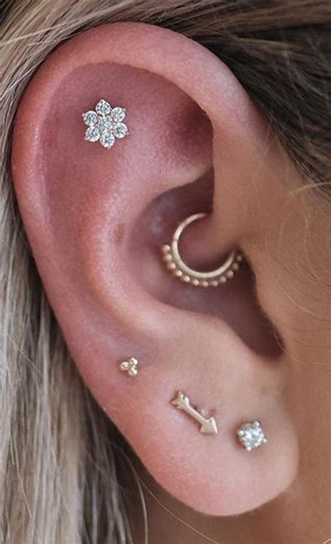Cute Multiple Ear Piercing Ideas For Women Crystal Flower Cartilage
