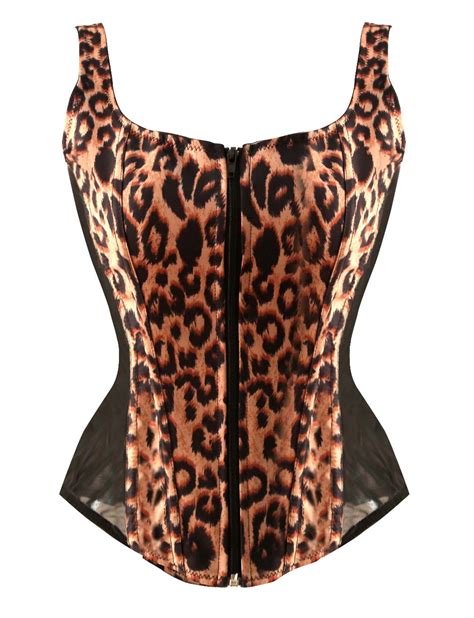 New Sexy Black Burlesque Costume Mesh Leopard Printing Corset Bustier Waist Cincher Top 7475 In