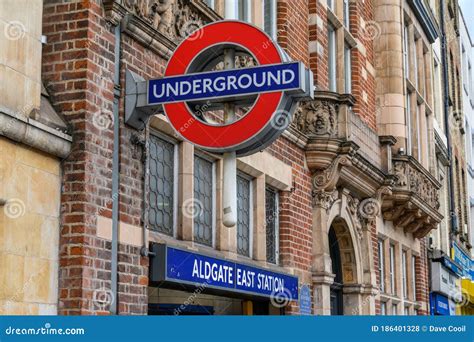 London Underground Tube Station Sign Above The Entrance To Aldgate East
