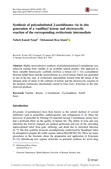 Synthesis Of Polysubstituted 2 Azetidinones Via In Situ Generation Of A