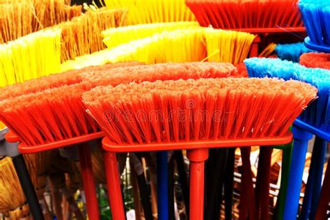 Plastic Broom Multi Colored Polymer Brushes Diy Shop Stock Image