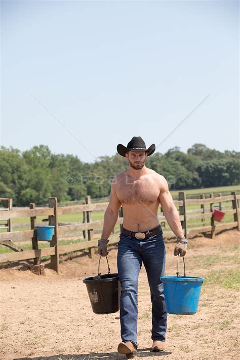 Shirtless Cowboy Carrying Buckets Of Water On A Ranch Rob Lang Images Licensing And Commissions